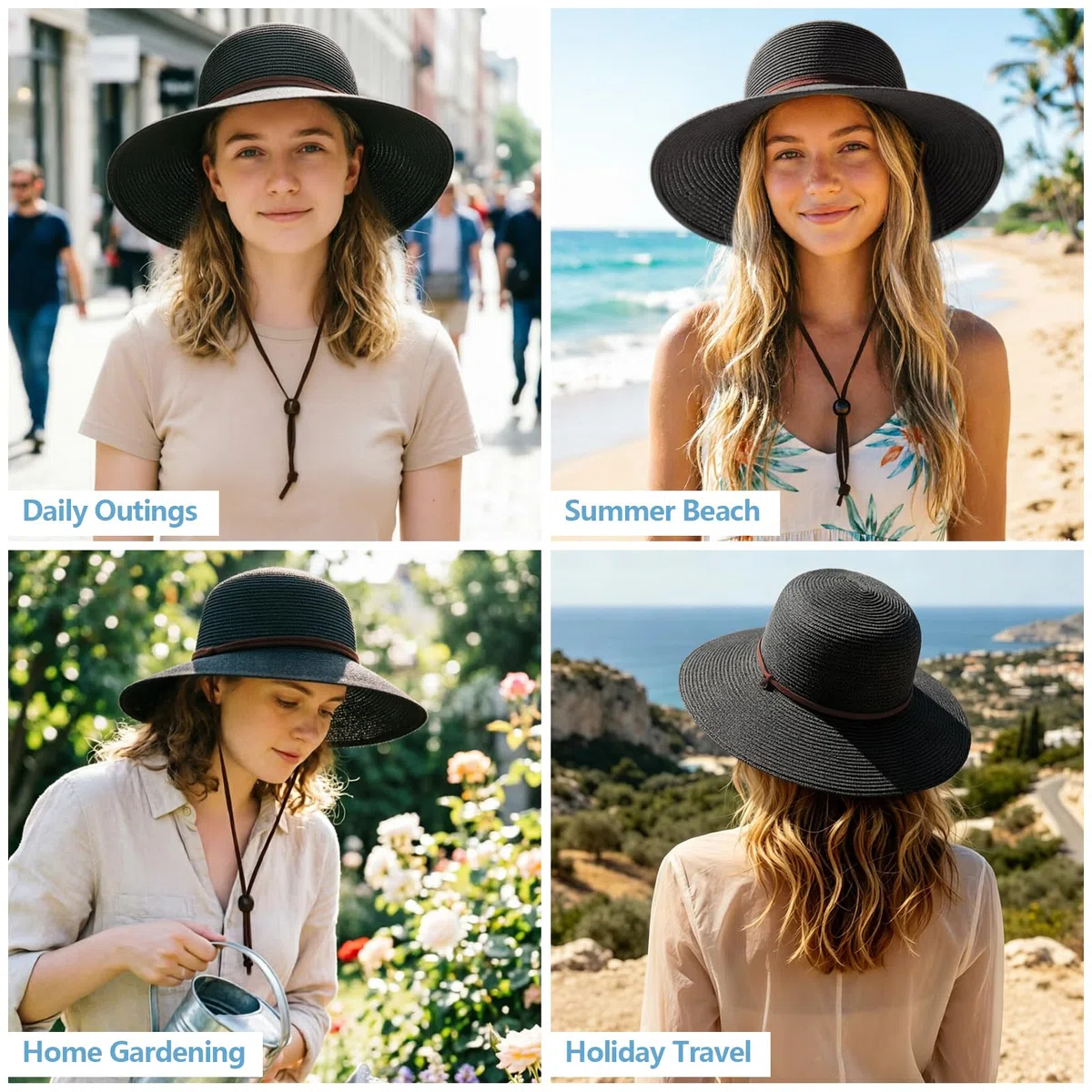 DRESHOW Mujeres Sombrero de Panamá, Sombrero de Paja de ala Ancha, Sombrero de Verano con Correa de Barbilla, Sombrero de Playa Fedora UPF 50+