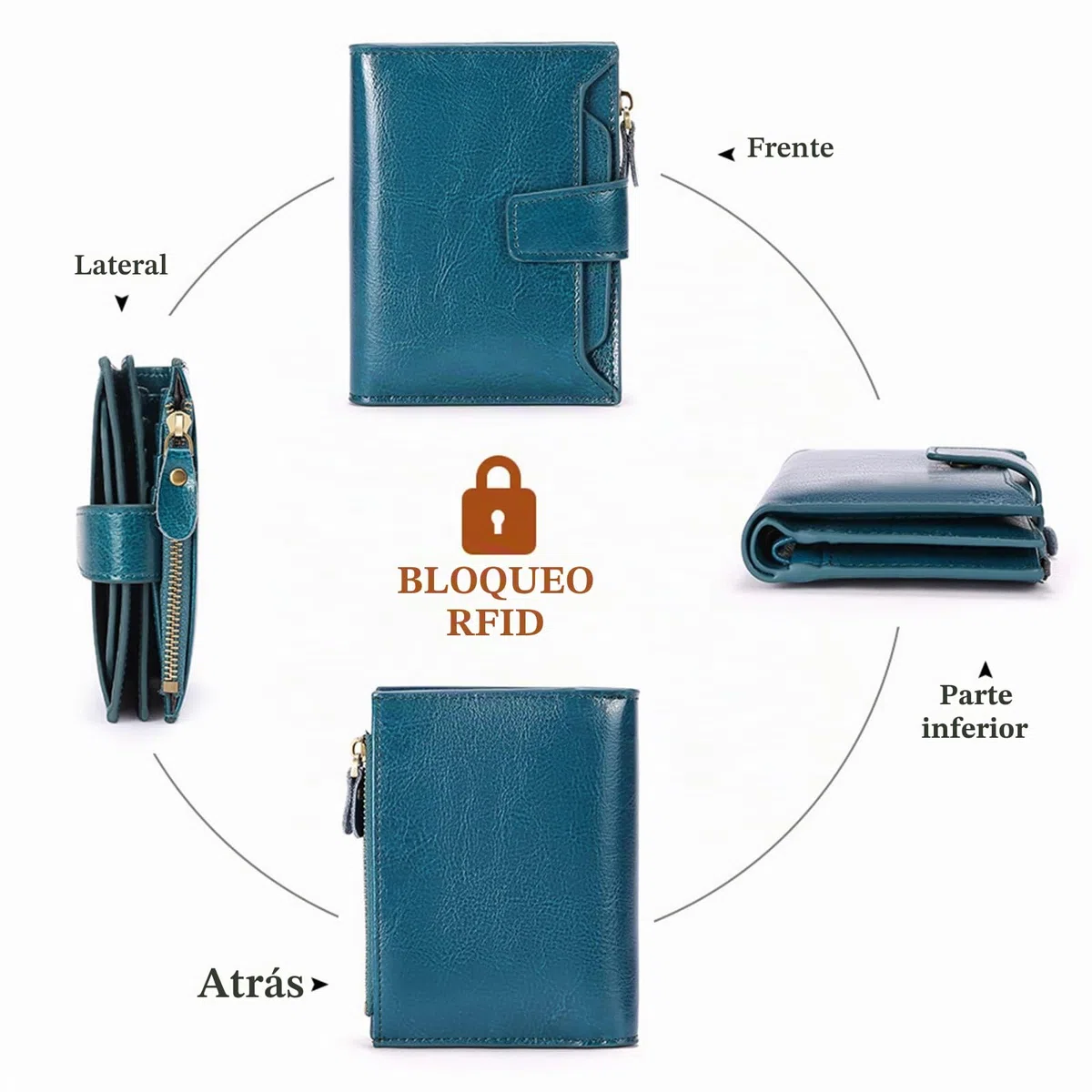 SENDEFN - Cartera de piel con bloqueo RFID para mujer, tamaño pequeño, compacto, se pliega en dos, con cremallera y ventana para identificación, Talla única