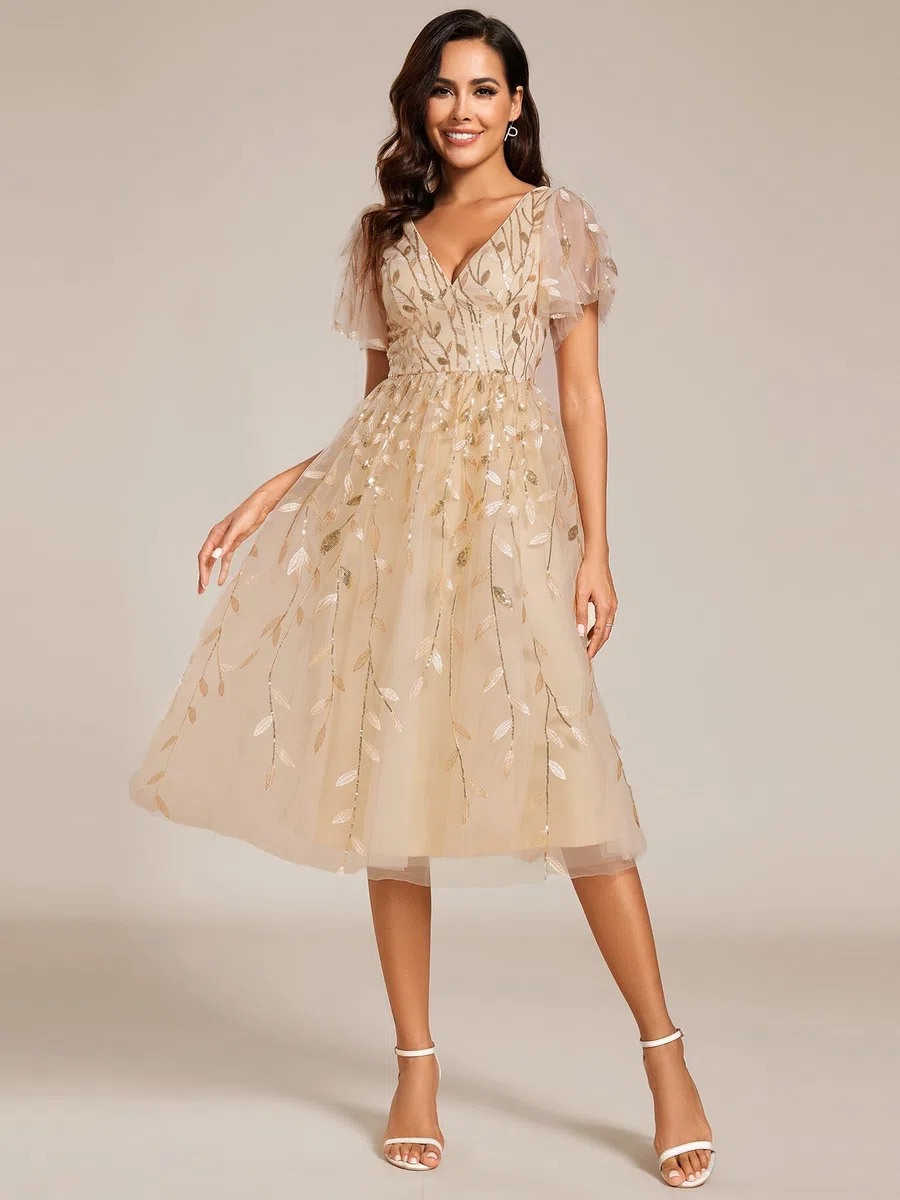 Ever-Pretty Vestido de Invitada de Boda Cuello en V Tul de Lentejuelas Mangas con Volantes para Boda Fiesta EG02230