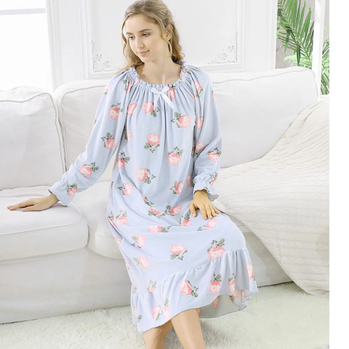 OFFSUM Camisón De Pijama De Mujer - Primavera Otoño Cuello Redondo Vellón Cómodo Camisón Lencería Elegante Ropa De Dormir Lindo Ropa De Casa Ropa De Camisón