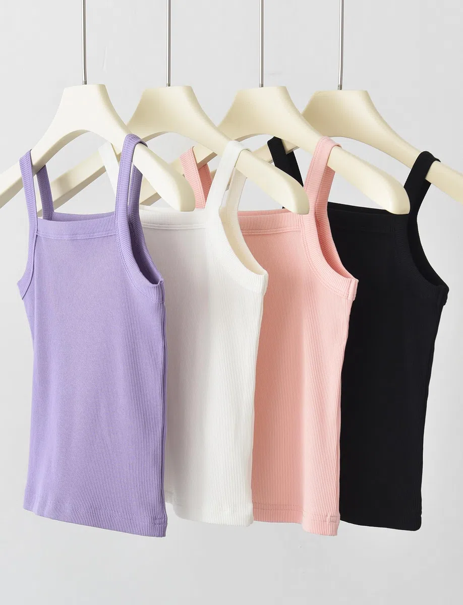 SEAUR Camiseta de tirantes para niña, tirantes delgados, camiseta interior de verano, monocolor, sin mangas, parte superior acanalada, 2 unidades, 3-14 años, 110-160 cm