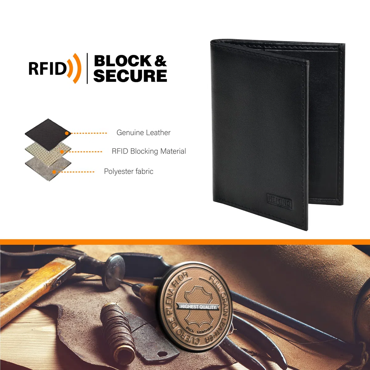 HEMING Cartera Delgada para Hombre, Soporte Minimalista para Tarjetas de crédito, Capacidad para hasta 12 Tarjetas y Billetes, Tarjeta de crédito y Billetes de Banco de Piel auténtica Suave, Cartera