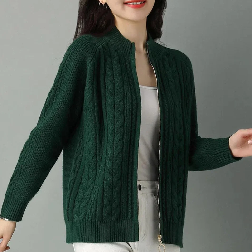 Chaqueta Tipo Cárdigan De Punto con Cremallera Y Cuello Alto para Mujer, Cárdigans De Manga Larga, Suéter Grueso