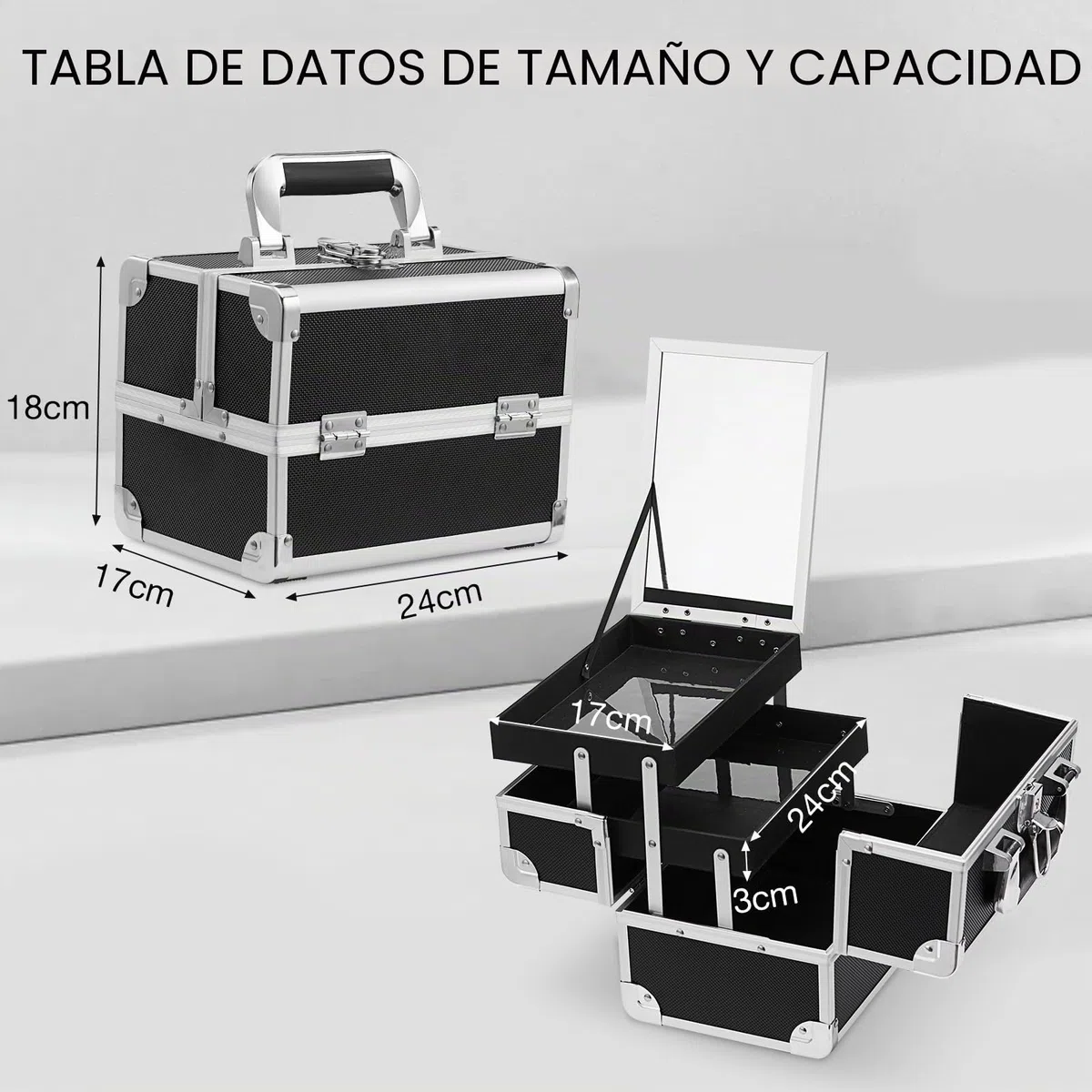Maletín Maquillaje Profesional Negro Estuche de Maquillaje Maletín de Manicura Caja Maquillaje Joyero Cosméticos con Espejo Vacío de Viaje Regalos para Mujeres