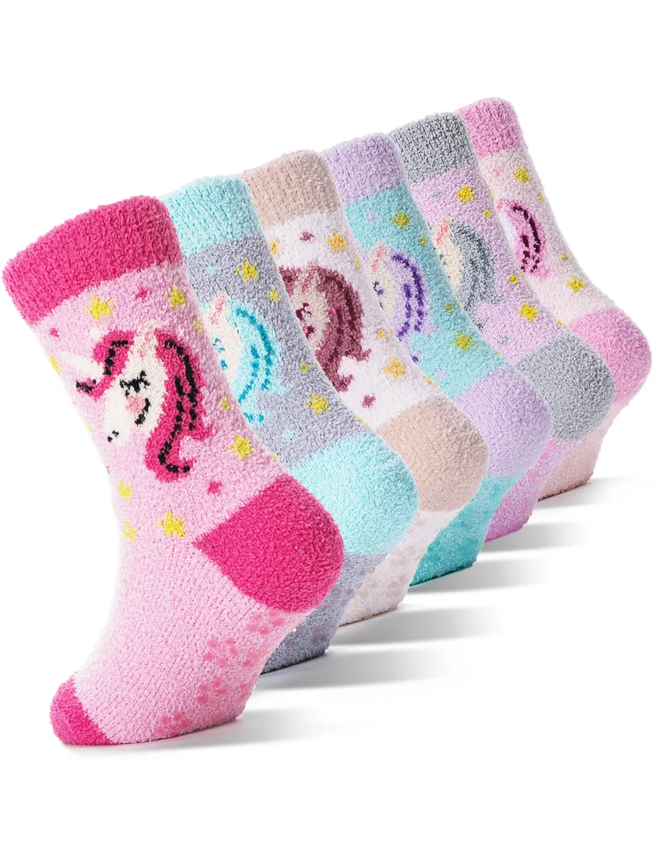 EBMORE Calcetines Antideslizantes para Niños, de Felpa para Niñas, Gruesos Cálidos, de Invierno Antideslizantes, de Cama Suaves, Regalos, de Casa, 6 Pares