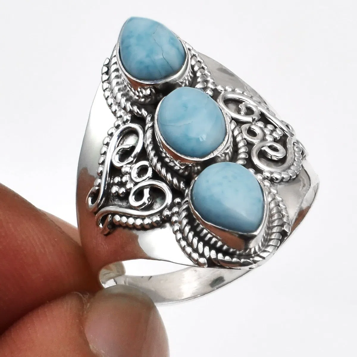 Anillo de plata de ley 925 con tres piedras de larimar natural para mujeres y niñas