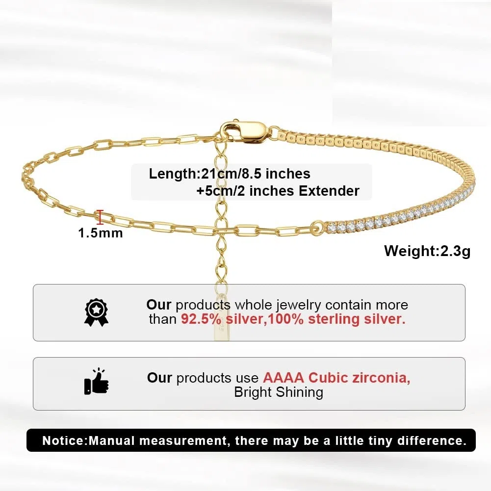 Pulsera de pie, cadenas for el tobillo, 2 piezas / juego 925 Cadena de eslabones de marinero de plata esterlina Tobilleras con clip de papel de tenis for mujeres Correas de cadena de pie de verano Joy