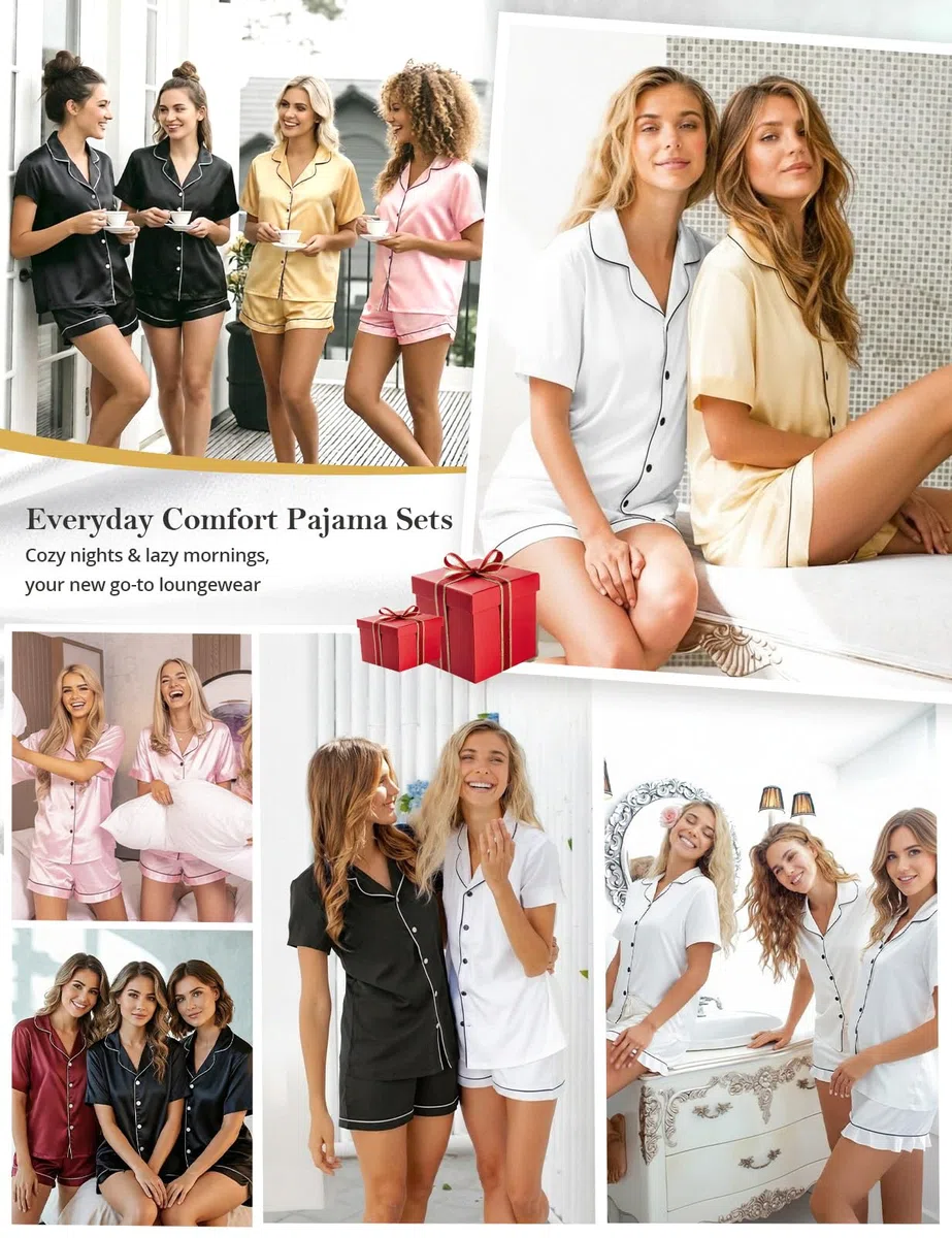 Niwicee Conjunto de Pijama Seda Mujer 2 Piezas Manga Corto con Botones Ropa de Dormir Satén Ropa Pijama Corto Mujer Verano Pijama Mujer Loungewear