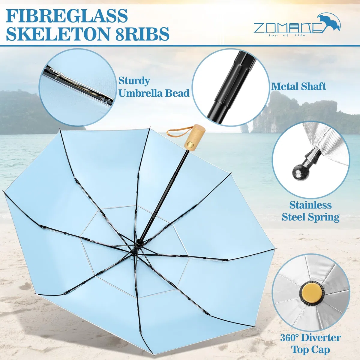 ZOMAKE Parasol Anti Uv,Paraguas Plegable AutomáTico De Sol,Paraguas Compacto Con Mango De Madera Para Hombre Mujer