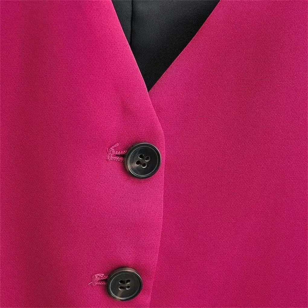 REHJJDFD Chaleco de traje para mujer con cuello en V y botonadura simple, color rojo rosa, ajustado, corto, asimétrico, delgado, sin mangas