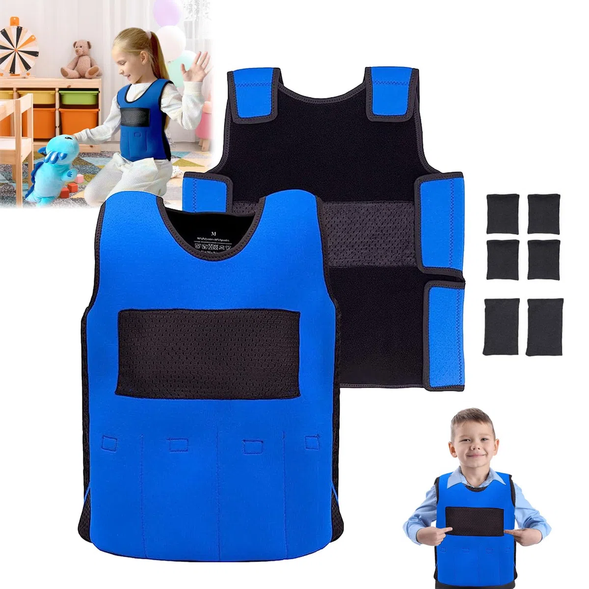 Chaleco con Peso para Niños, Chaleco de Compresión Chaleco con Peso para Niños con Sobrecarga Sensorial ABR Autismo TDAH SPD SI Trastorno Chaleco con Peso 3 Libras Peso Extraíble, Azul