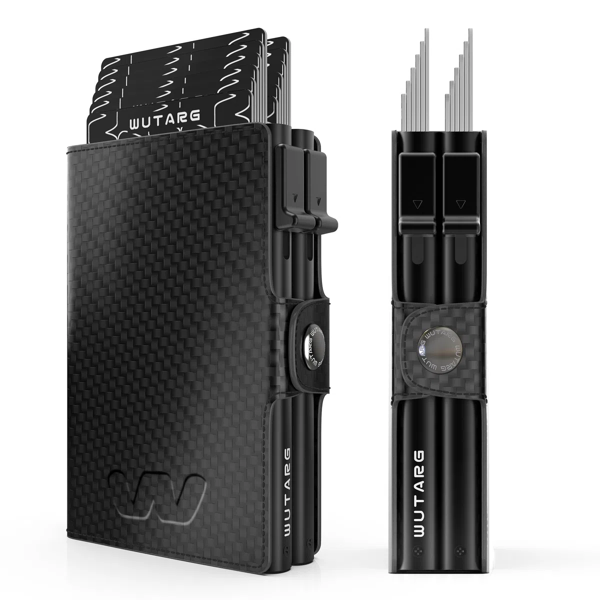 Tarjetero Hombre - Cartera Minimalista RFID NFC, Sistema Dual Slide, Metal, Cuero PU Premium, Billetera compacta antirrobo, Acceso rápido - 16 Tarjetas + 4 Billetes (Deluxe Carbon)