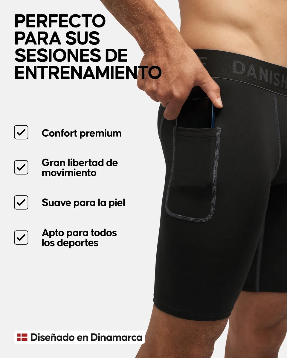 DANISH ENDURANCE Mallas Cortas Hombre, Pantalones Cortos de Compresión Running, con Bolsillo, 2 Pack