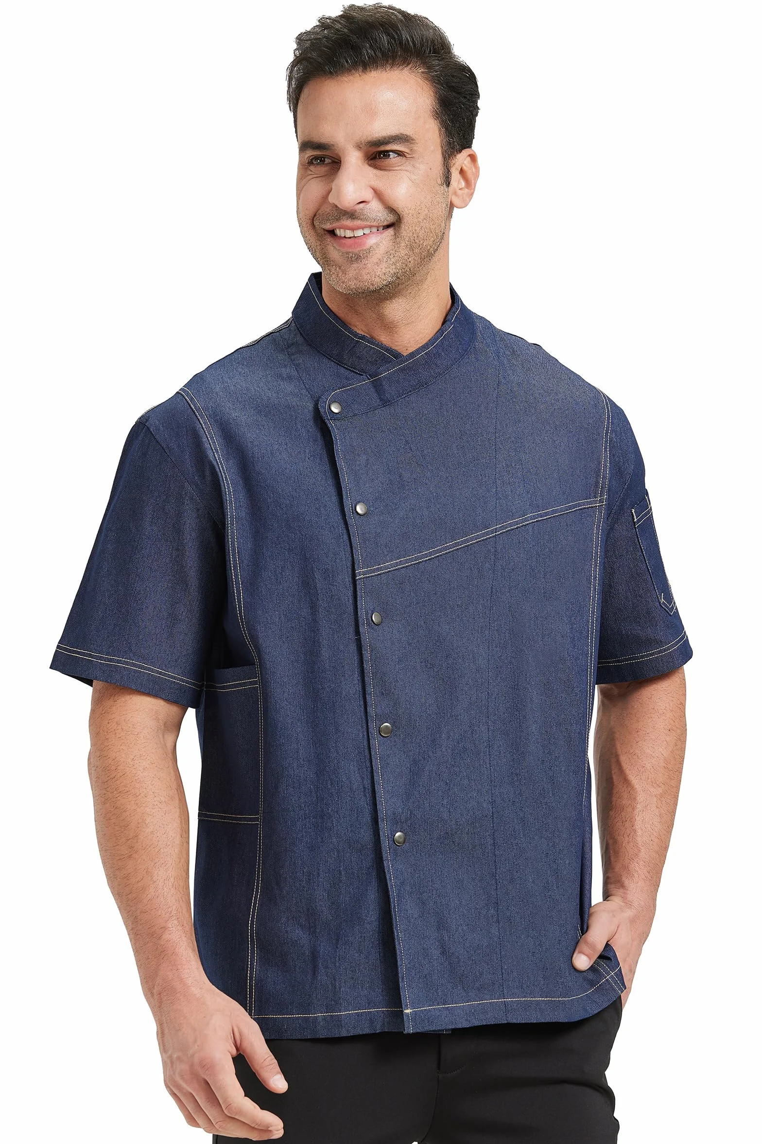 Nanxson Chaqueta de Chef Chaqueta de Chef Denim de Bolsillo para Hombre de Manga Larga Uniforme de Chef para Cocina de Restaurante