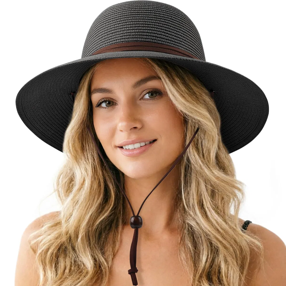 DRESHOW Mujeres Sombrero de Panamá, Sombrero de Paja de ala Ancha, Sombrero de Verano con Correa de Barbilla, Sombrero de Playa Fedora UPF 50+