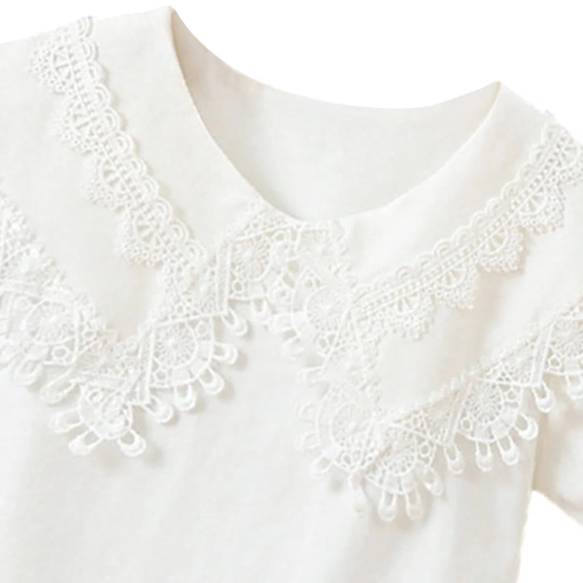 Blusa Manga Corta para Niña Pequeños Tops de Algodón Uniforme Escolar Camisa Encaje Bordado Cuello de Muñeca