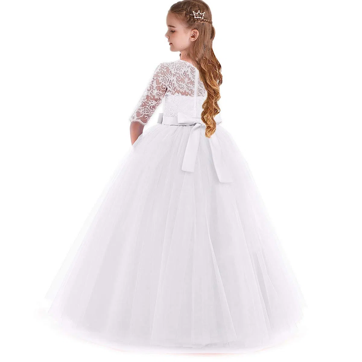 MYRISAM Vestido de Primera comunión con Encaje de Tul y Manga 3/4 para niñas, para cumpleaños, Bautizo, Concurso, Boda, Fiesta, Baile, 3-14 años