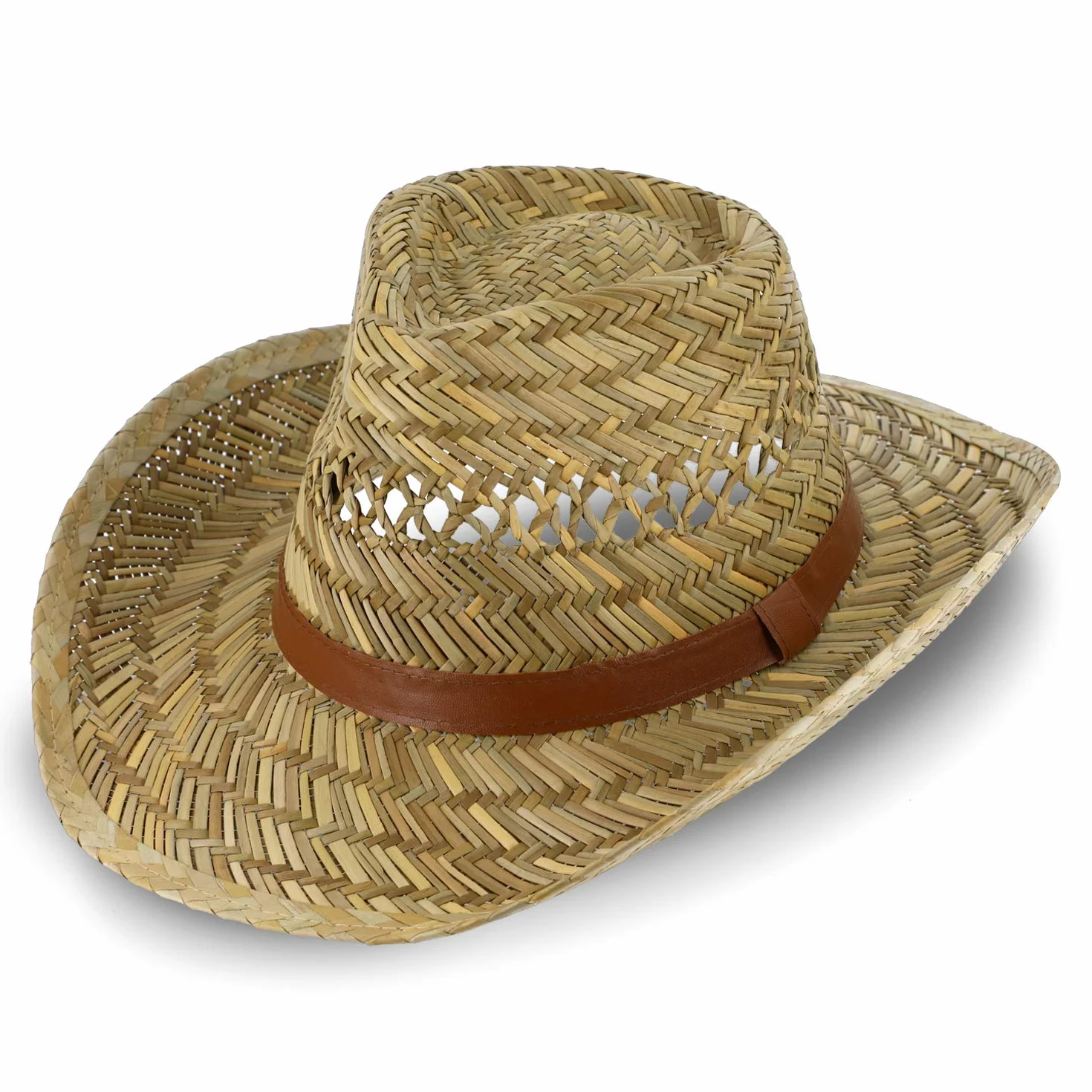 fiebig Sombrero de Paja Australiano para Hombre y Mujer | Sombrero de Vaquero para el Sol | Sombrero Occidental con Cinta de Imitation a Cuero | Sombrero de Cowboy con Borde Cosido
