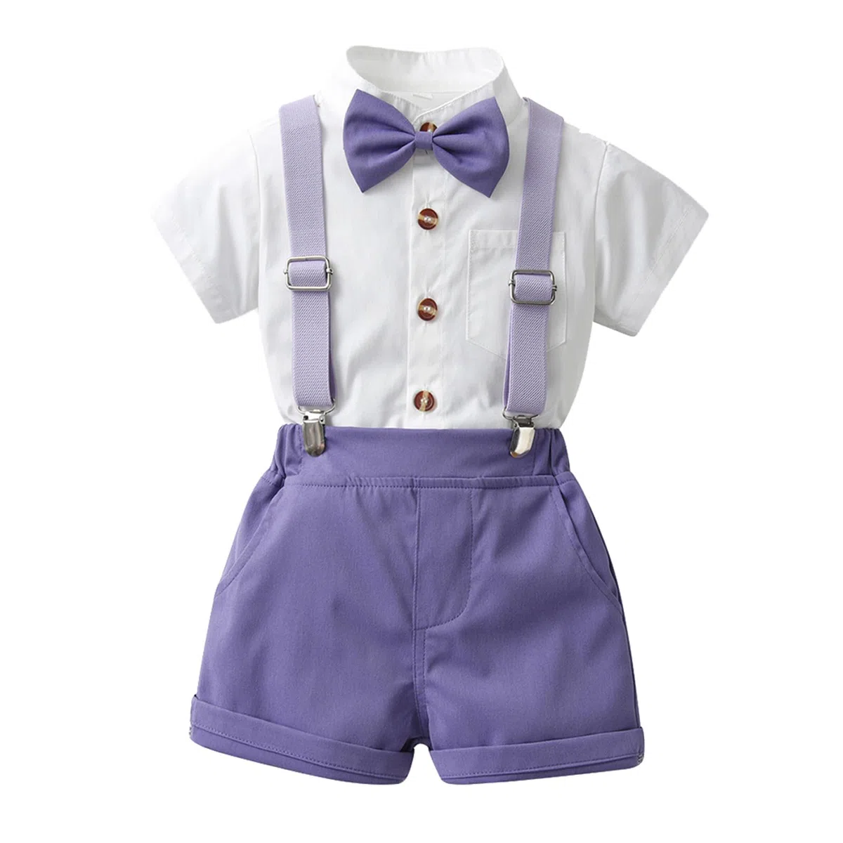 Bebé Niño Caballero Conjunto, Camisa de Manga Corta con Pajarita + Corta Pantalón Verano 4 Piezas Traje Ropa para Bautizo, Boda