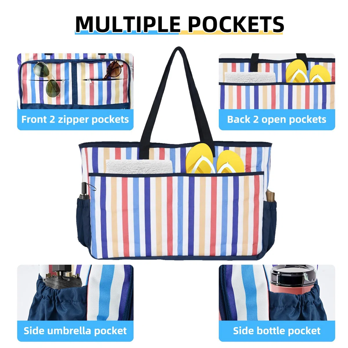 Bolso de playa COVVY, extra grande para mujer, con cierre de cremallera, impermeable, con funda para teléfono, abrebotellas, múltiples bolsillos, resistente al agua, a prueba de arena, plegable