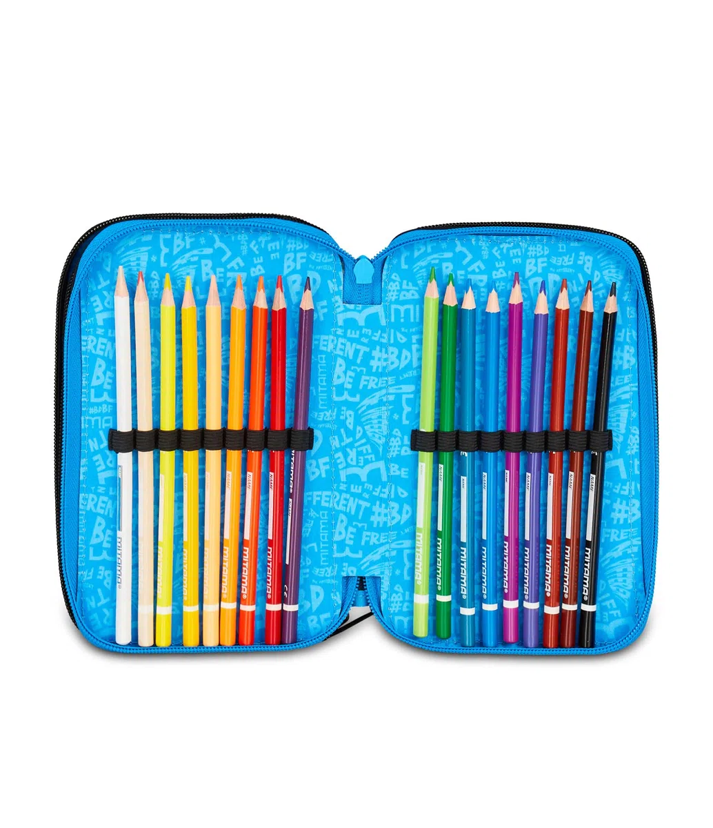 Mitama Estuche Escolar con 3 Compartimentos, Triple Cyberplay, Contenido 47 Piezas, Completo de lápices, rotuladores, portalápices Escuela Primaria niño, Negro, Moderno