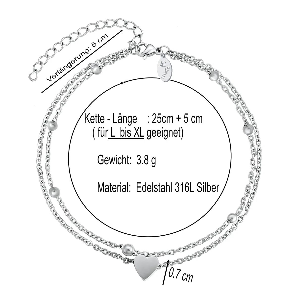 Tobillera para mujer de acero inoxidable, resistente al agua, extra larga, 21 cm hasta 30 cm, chapada en oro de 18 quilates, cadena de corazón en oro/oro rosa/plata/negro, regalo para mujeres