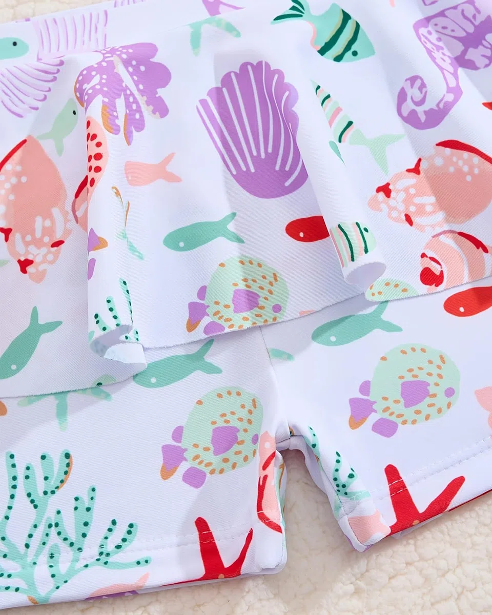 DivingBirds Traje de baño para niñas, traje de baño de dos piezas con pantalones cortos, protección solar UV, dobladillo con volantes, traje de baño de 2 a 6 años