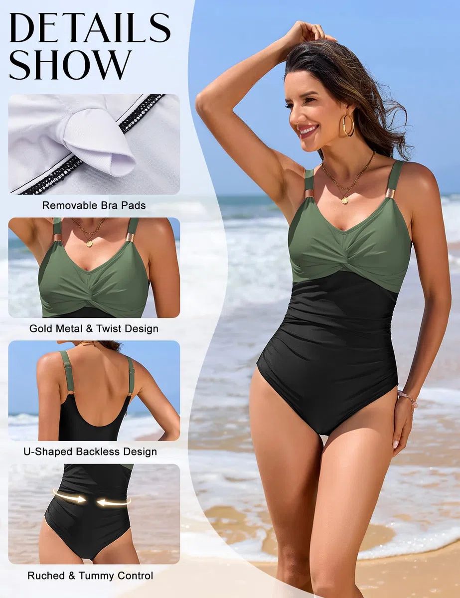 Bañadores Mujer Reductores Barriga Bañador Vientre Plano Push Up Traje De Baño Una Pieza Cuello En V Talla Grande Swimsuit con Metal Decorativo