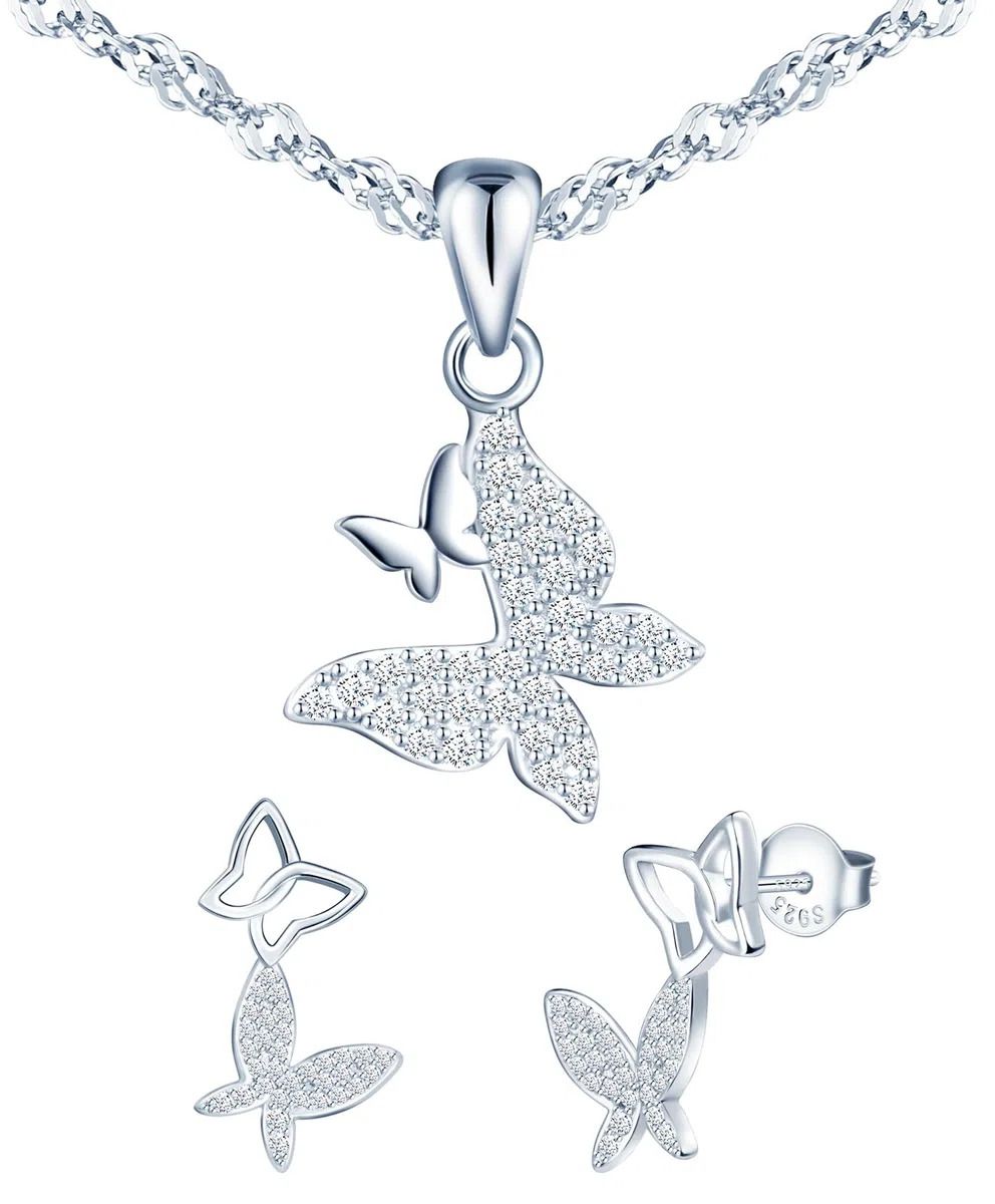 2 PCS Joyas Conjunto de Collar y Pendientes de Mariposas en Plata de Ley 925 con Circonitas, Pendientes Trepadores de Mariposas, Collar Colgante Mariposas para Mujer Niña