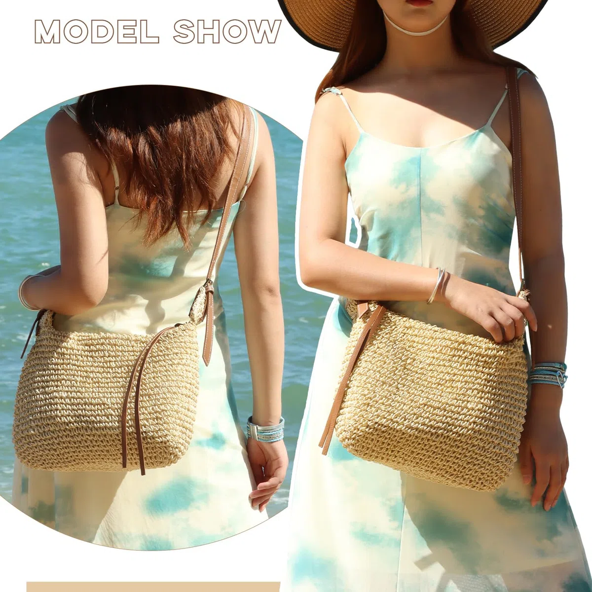 EVEOUT Bolso Bandolera de Rafia para Mujer Bolso Paja Tejido Liviano de Verano Boho para Playa Vacaciones Diario
