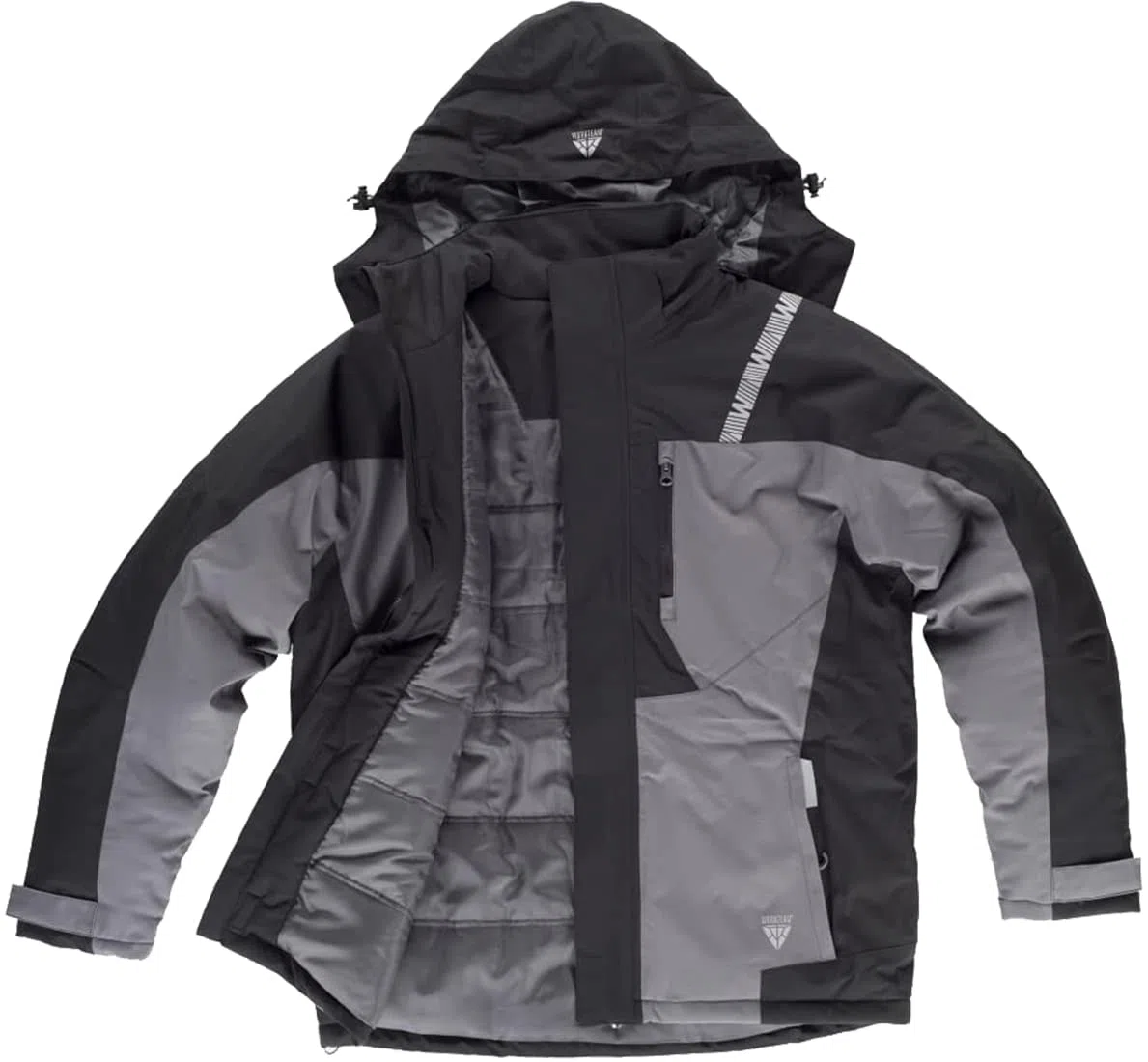 Teamwork WORKTEAM Parka con capucha combinada y detalles reflectantes, Acolchada. Ideal para trabajo, tiempo libre, etc. Unisex Negro+Gris-M