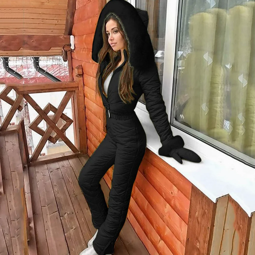 Traje de esquí para mujer, de una pieza, cálido, traje de nieve para mujer, mono de esquí para invierno, cálido, para esquiar, para exteriores, con capucha, cierre de cremallera, traje de esquí,