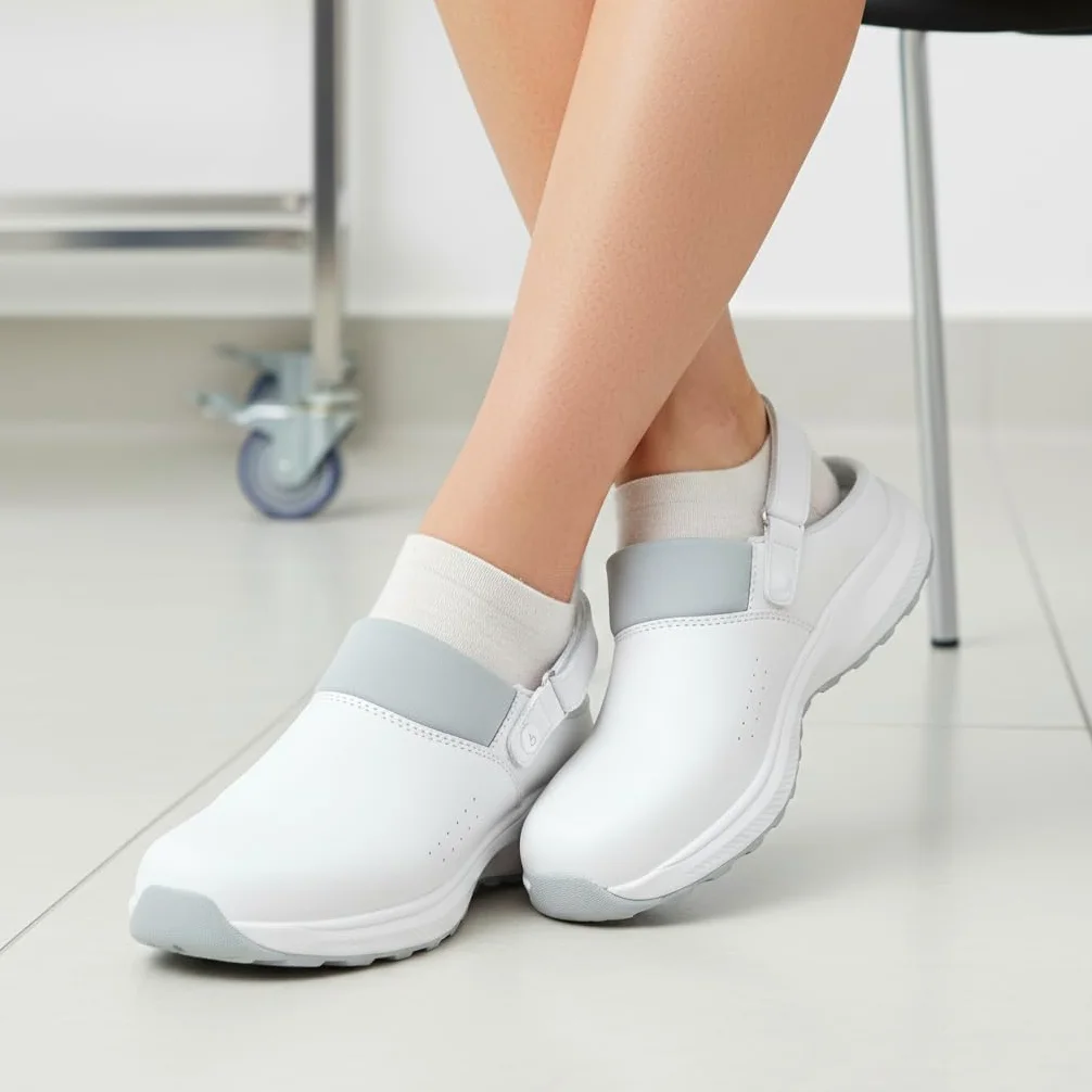 B-well Kai Zuecos médicos blancos – Zapatos de trabajo de enfermería para hombre y mujer, antideslizantes, anatómicos, suela de goma EVA