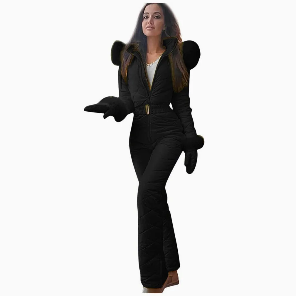 Traje de esquí para mujer, de una pieza, cálido, traje de nieve para mujer, mono de esquí para invierno, cálido, para esquiar, para exteriores, con capucha, cierre de cremallera, traje de esquí,