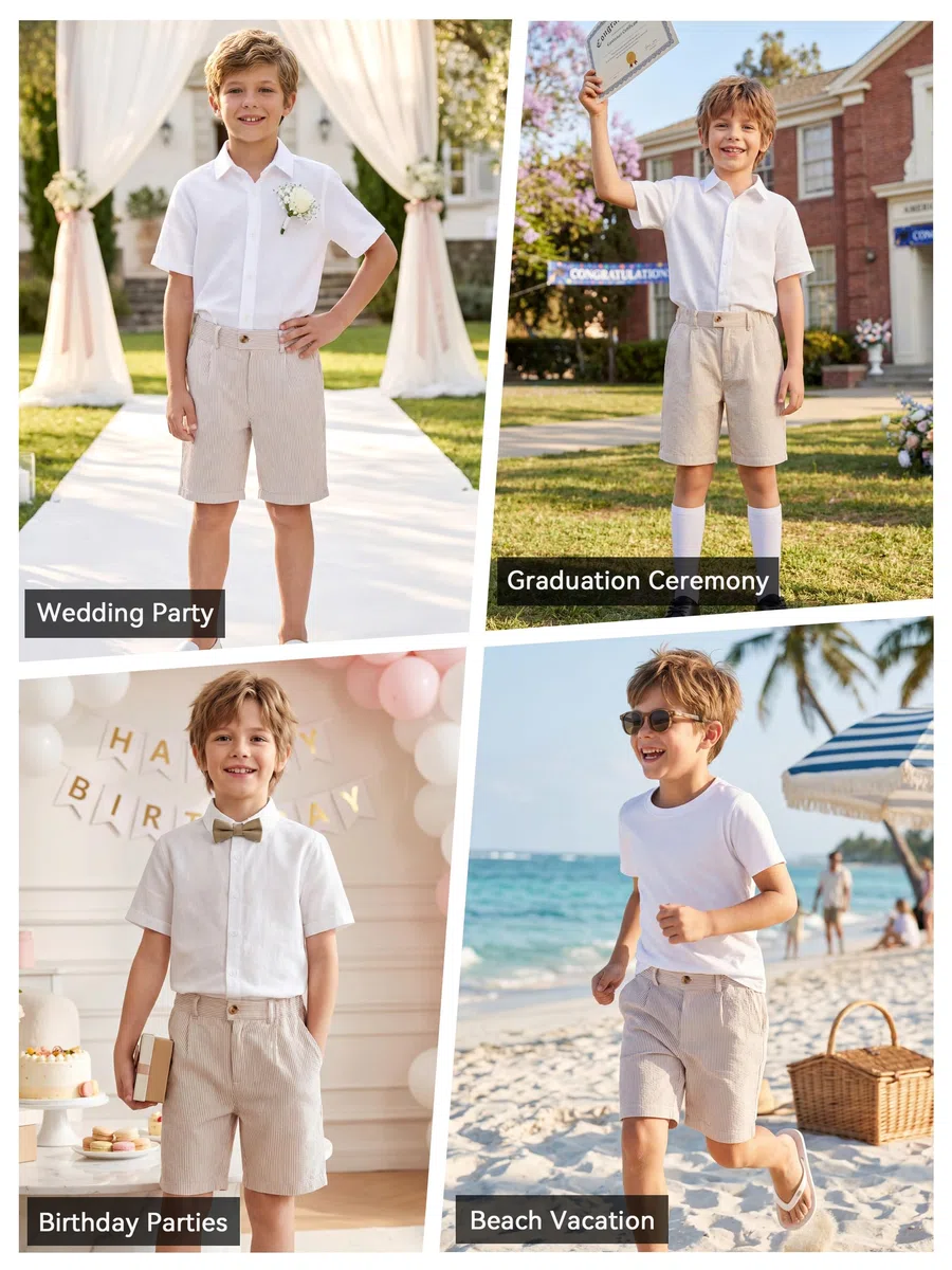LOLANTA Pantalones Cortos de Seersucker Niños Shorts Elegantes y Ligeros de Mezcla de Algodón, Cintura Ajustable con Bolsillos para Playa, Bodas y Uso Diario
