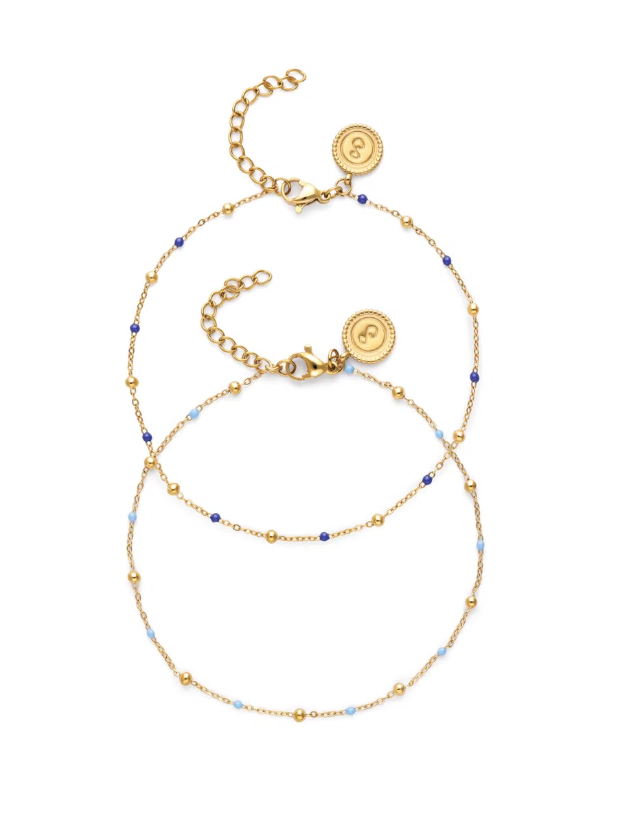 SINGULARU - Pack 2 Tobilleras Amistad Azul. Acero con Baño en Oro de 18 Kt y Enamel. Joyas Para Mujer.