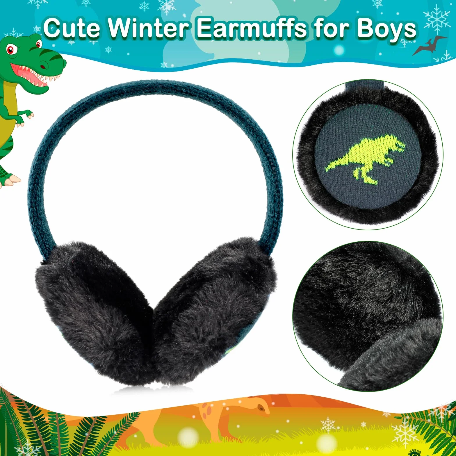 Orejeras Infantiles, Dinosaurio Suave Orejeras de Invierno Ajustables Orejeras de Felpa Cálido para Niños Actividades Aire Libre en Invierno