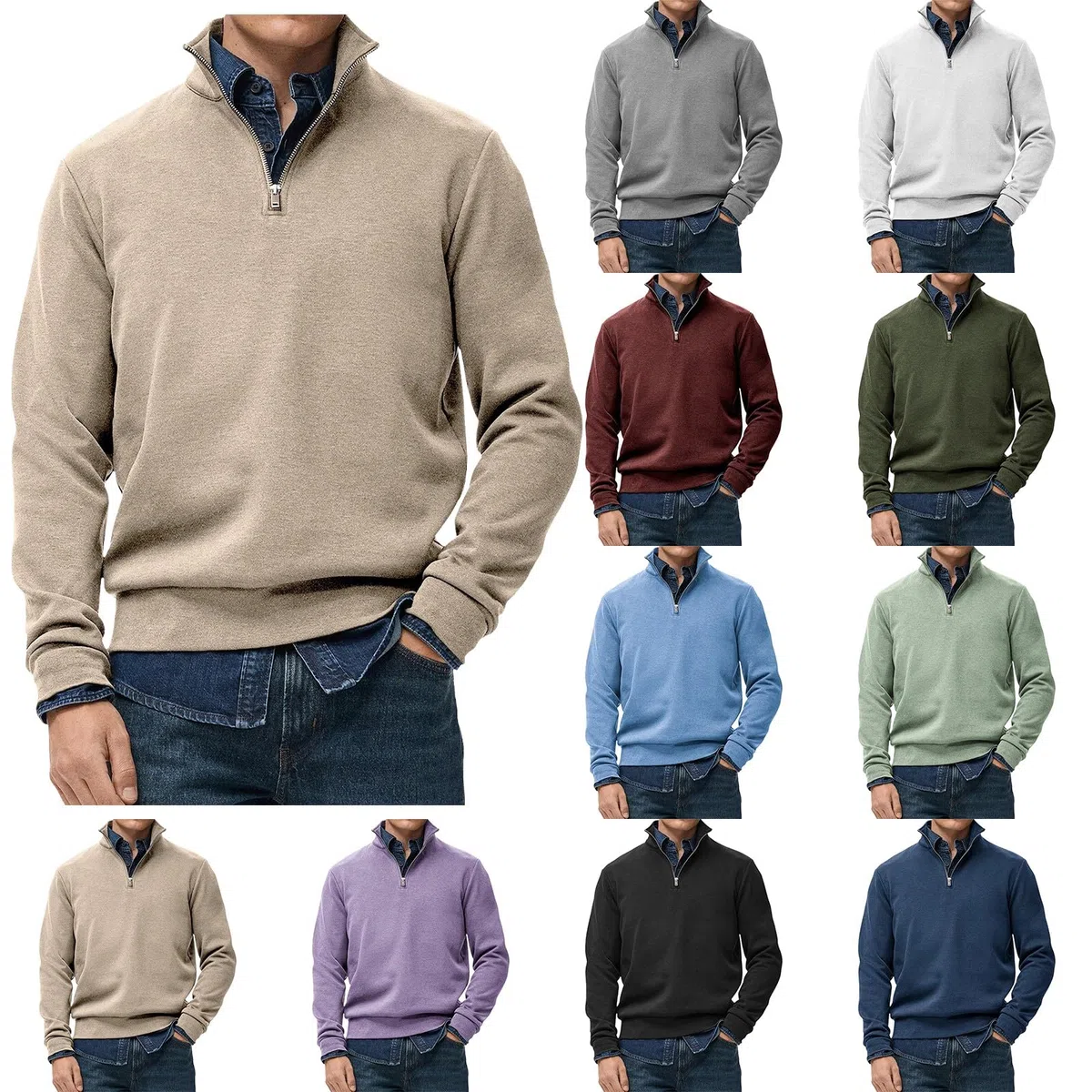 Jersey de punto para hombre, con media cremallera, cuello alto, cremallera de 1/4, para golf, ajuste delgado, suéter de invierno, cálido, de manga larga, cuello alto, suave, regular inteligente