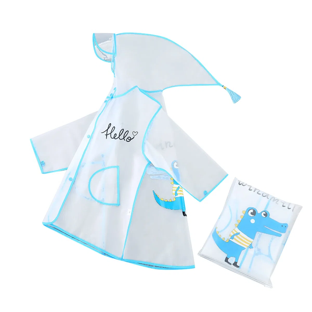 Capa de lluvia para niños y niños, chubasquero niño niña dibujos animados conejo patrón eva transparente poncho con sombrero moda transparente azul Jack