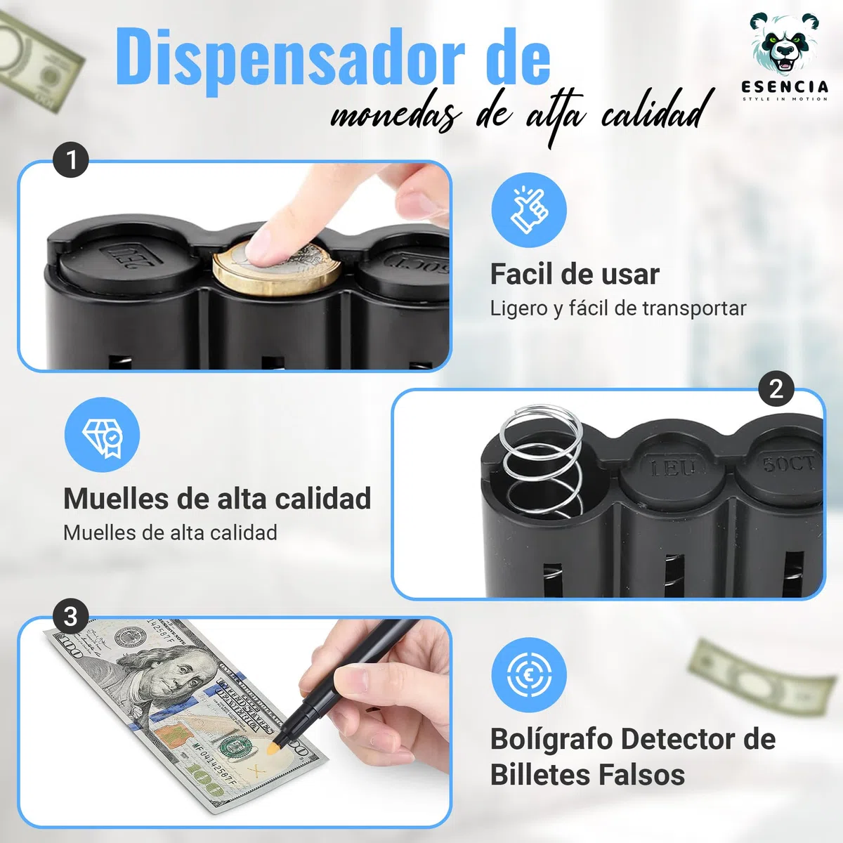 Pack de Riñonera con 2 Dispensadores de Monedas y Bolígrafo Detector Billetes Falsos: Riñonera Camarero, Portamonedas Taxi, Organizador de Billetes, Clasificador de Monedas y Organizador monedas.