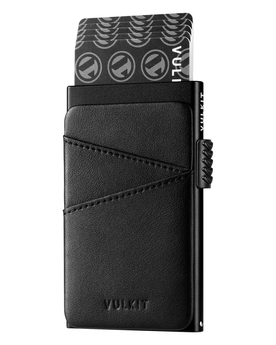 VULKIT Tarjetero Hombre Metalico Automatico con 2 Ranuras de Piel Tarjeteros Pop-up Bloqueo RFID Rigido Tarjeteros Hombre Tarjetas Credito