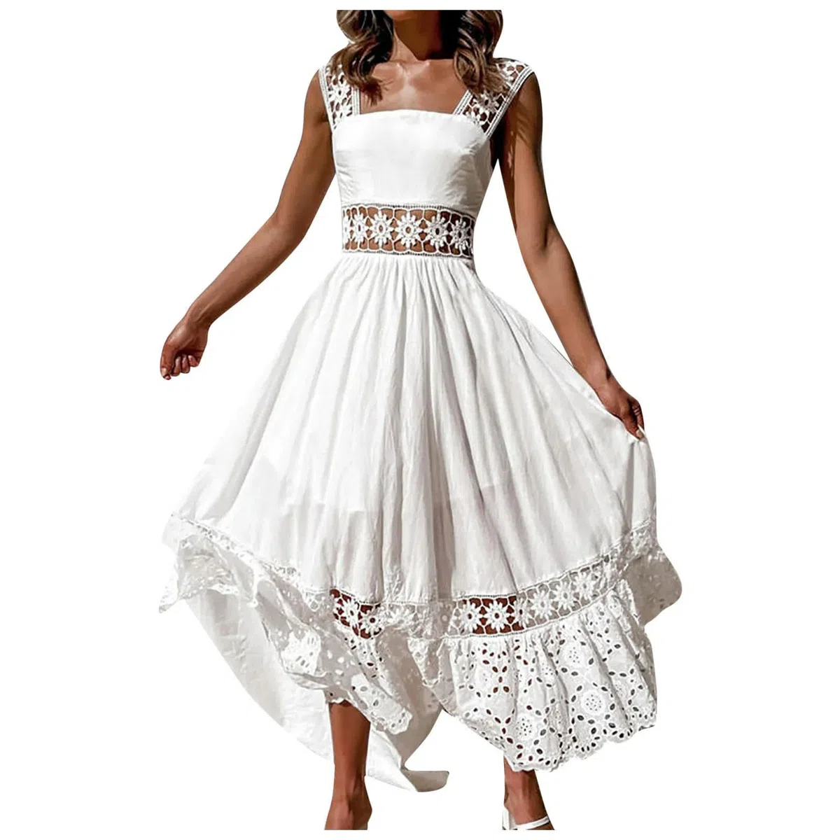 ARESU Vestidos Blancos Ahuecados De Ganchillo De Encaje Vestido Boho Informal De Vacaciones Sin Espalda para Mujer Vestido Maxi Suelto De Algodón para La Playa para Mujer-Blanco-S