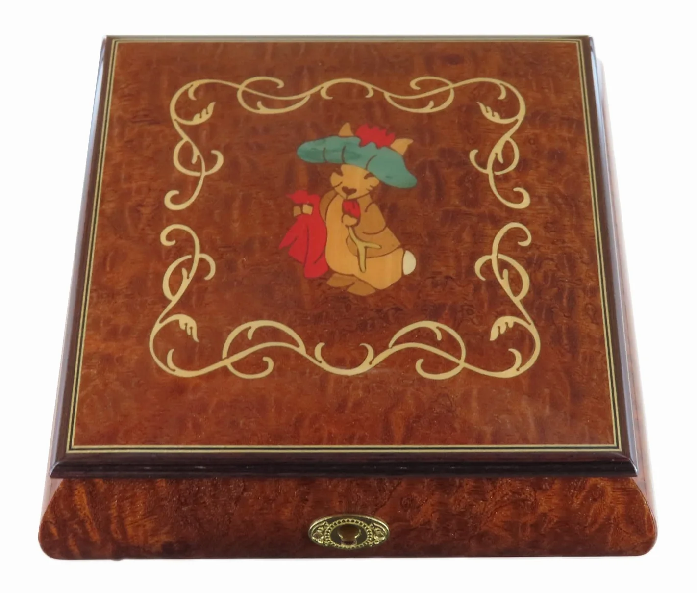 Joyero musical / caja de música para joyas de madera con marquetería conejo de Beatrix Potter y mecanismo musical de resorte de 18 notas - Clair de lune - Claro de luna (Claude Debussy).