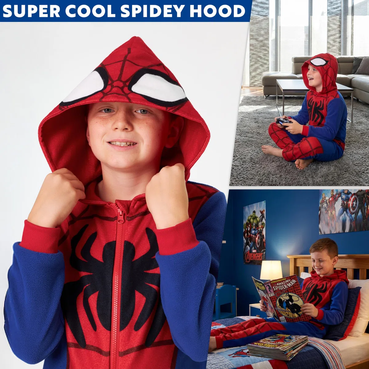 Marvel Spiderman Pijama Entero Niño, Acogedor Mono Pijama Polar, Todo en Uno Encapuchado Ropa de Dormir, Regalos para Niños