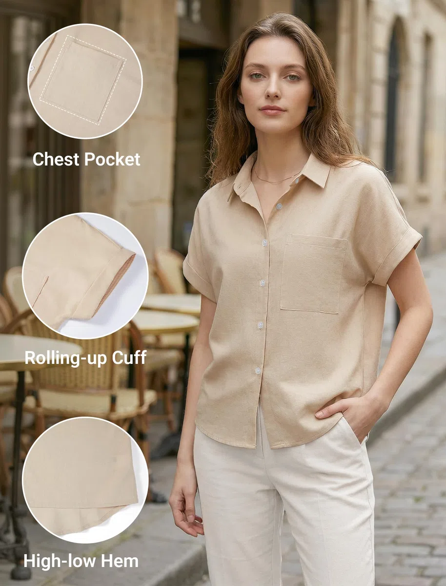 Enmain Camisa Lino Mujer Manga Corta Verano Camisas Blusa de Lino y Algodón de Botones Cuello en V Color Liso Casual Shirt Mujer Elegante Cómoda para Playa Trabajo