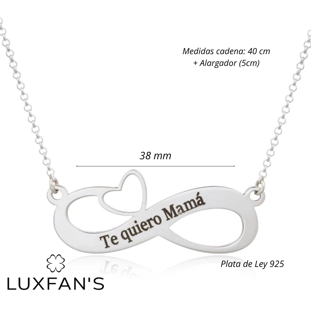 Collar Infinito con Corazón Personalizable en Plata de Ley Personalizado con cadena Rolo de 40cm + Alargador. Ideal para regalar a un ser querido: madres, abuelas...