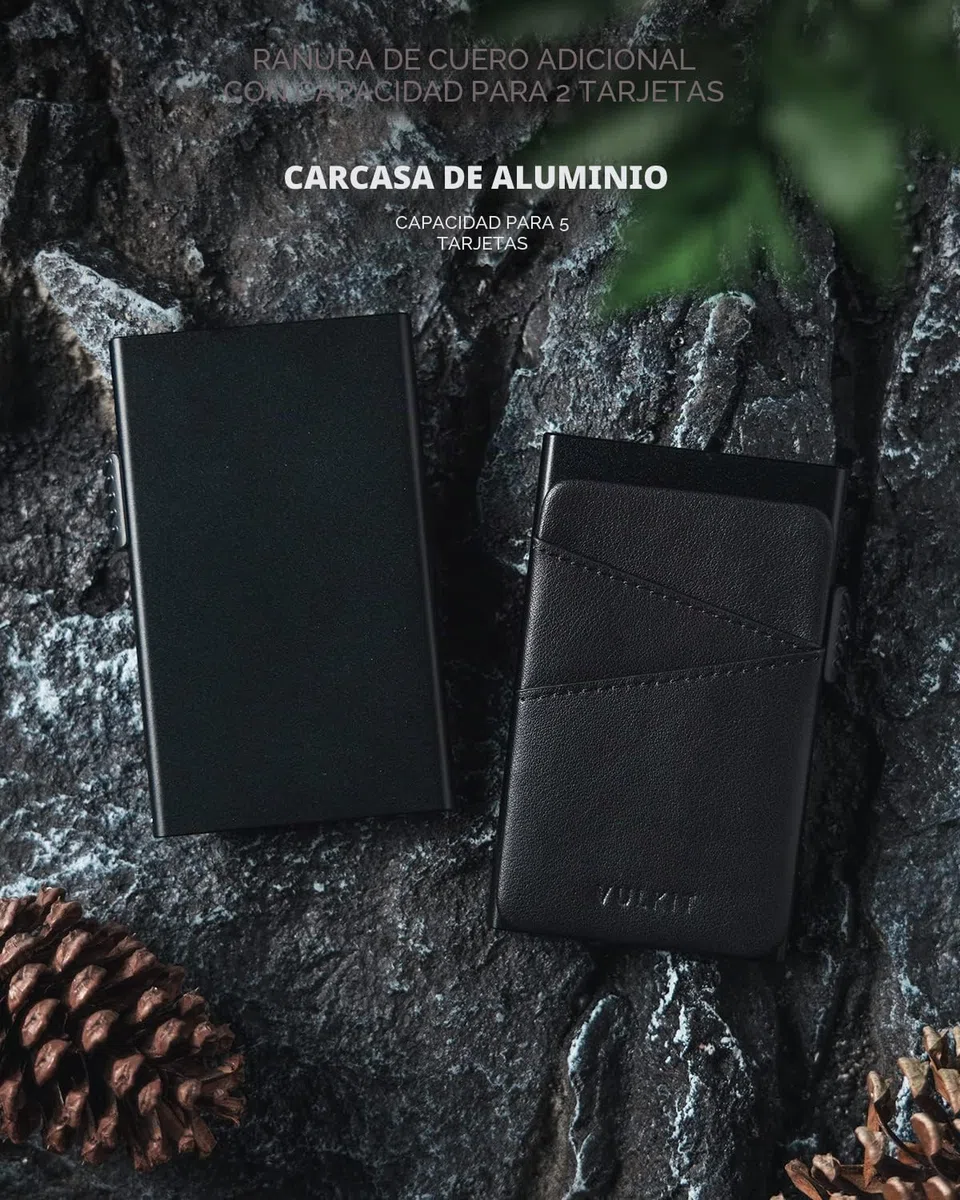 VULKIT Tarjetero Hombre Metalico Automatico con 2 Ranuras de Piel Tarjeteros Pop-up Bloqueo RFID Rigido Tarjeteros Hombre Tarjetas Credito