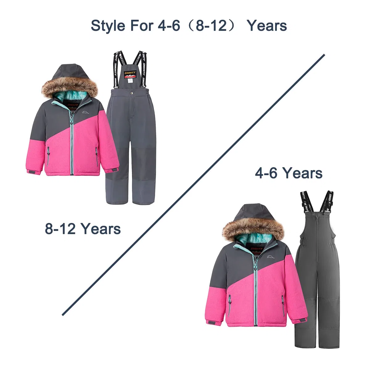 SMONTY Traje de nieve para niños para niñas Conjunto de chaqueta y pantalones de esquí de invierno Conjunto de correas con capucha A prueba de viento Impermeable Cálido (3-4, Gris Rosa)