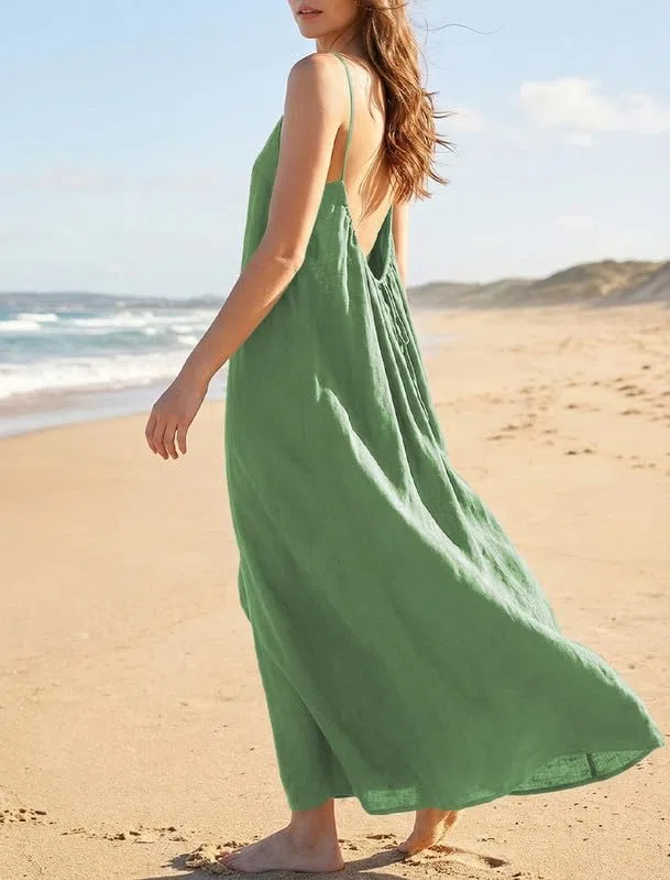Vestido Mujer Verano Vestidos Casual con Espalda Descubierta Elegante Escote Redondo Vestido Largo de Tirantes Finos Sin Manga Ligero Fresco Bohemio Vestidos Amplio para Playa Vacaciones