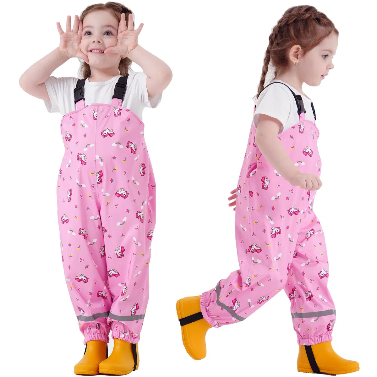 Fewlby Pantalon Impermeable Niños Niñas, Peto de Lluvia Pantalones Barro Mono Impermeable con Tiras Reflectantes Chubasquero Outdoor Traje Impermeable